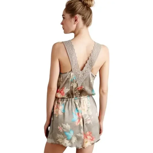 Anthropologie Eloise Lela Lace Romper Small Floral NIghtie Teddy Gray Boho Sleep - Picture 2 of 8